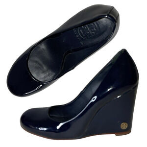 Tory Burch Dark Midnight Blue Round Toe Patent Leather Wedge Heel Size 6.5